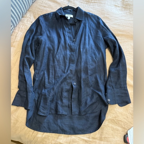 COS linen navy blue basic long sleeve button down shirt - Picture 1 of 8